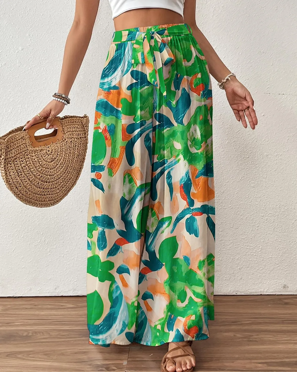 Bsubseach Wide Leg Pants Woman Flowy Floral Palazzo Pants for Women High Waisted Summer Casual Trousers Cruise Outfits