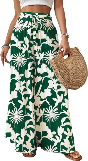 Bsubseach Wide Leg Pants Woman Flowy Floral Palazzo Pants for Women High Waisted Summer Casual Trousers Cruise Outfits