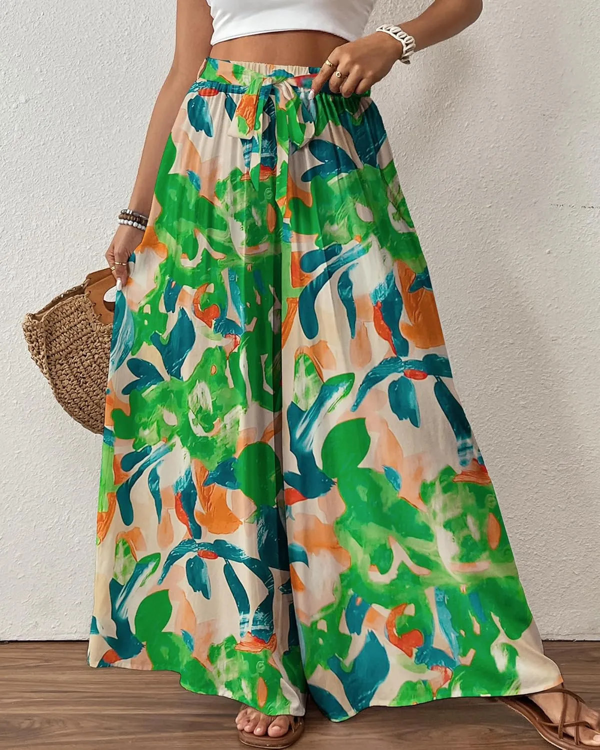 Bsubseach Wide Leg Pants Woman Flowy Floral Palazzo Pants for Women High Waisted Summer Casual Trousers Cruise Outfits