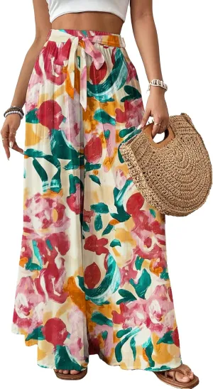 Bsubseach Wide Leg Pants Woman Flowy Floral Palazzo Pants for Women High Waisted Summer Casual Trousers Cruise Outfits