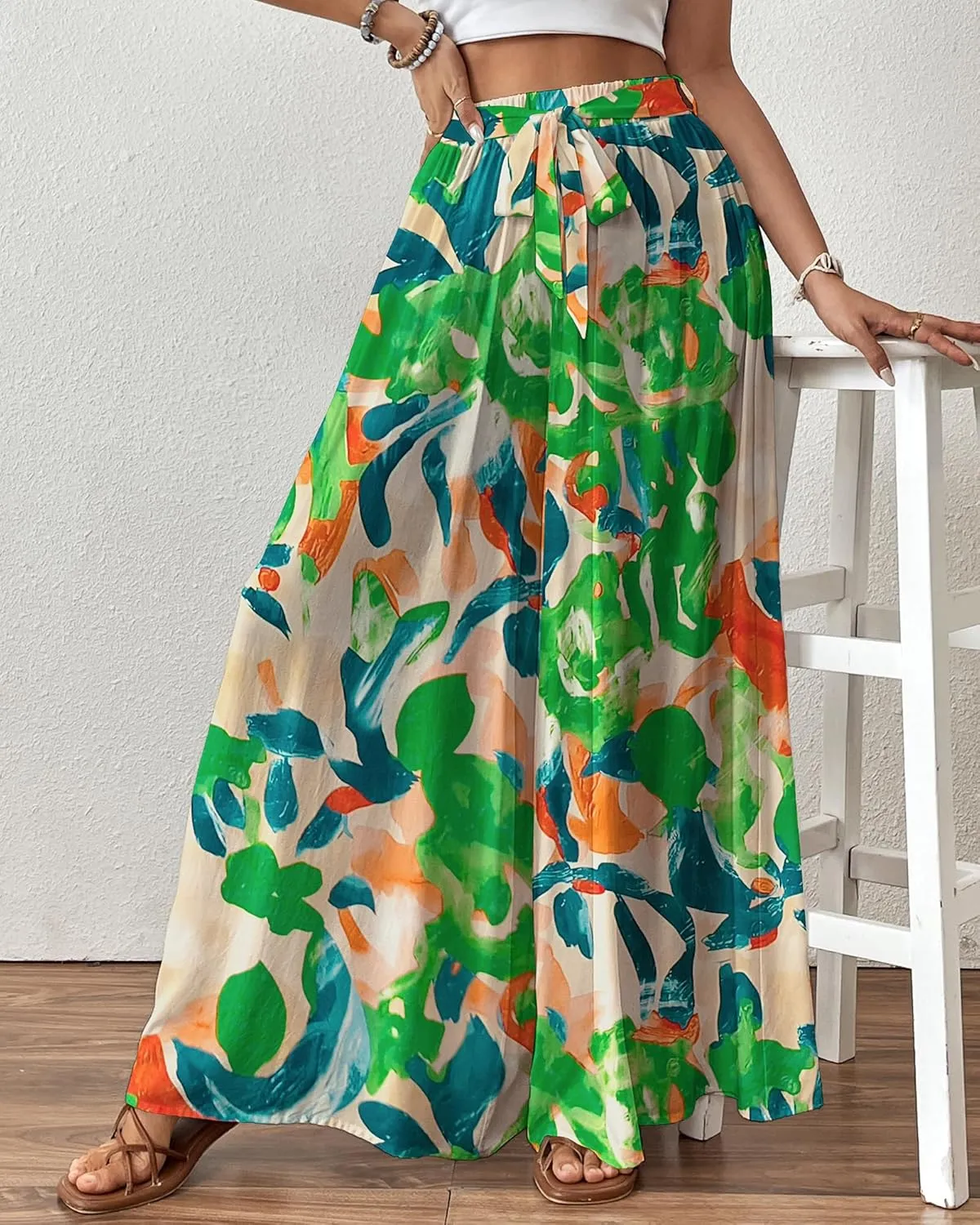 Bsubseach Wide Leg Pants Woman Flowy Floral Palazzo Pants for Women High Waisted Summer Casual Trousers Cruise Outfits