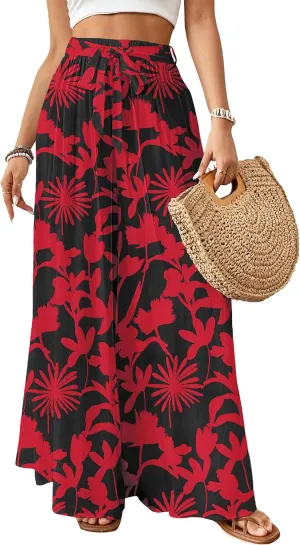 Bsubseach Wide Leg Pants Woman Flowy Floral Palazzo Pants for Women High Waisted Summer Casual Trousers Cruise Outfits