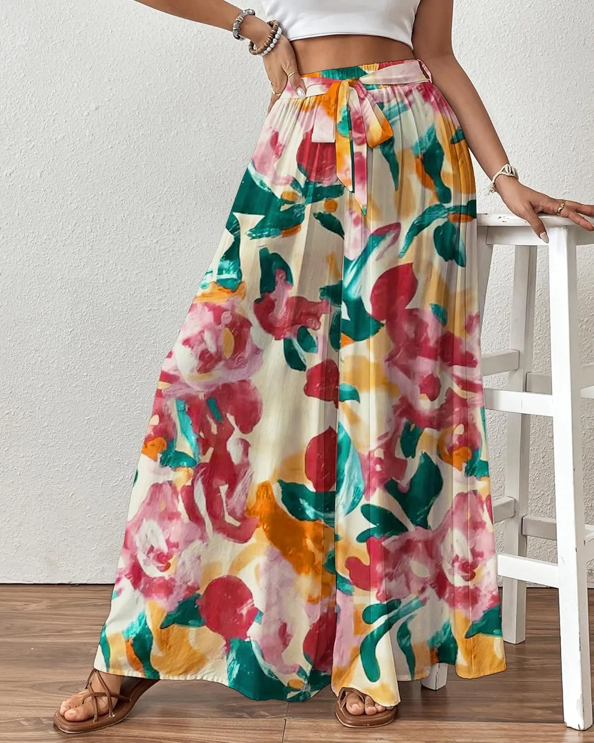 Bsubseach Wide Leg Pants Woman Flowy Floral Palazzo Pants for Women High Waisted Summer Casual Trousers Cruise Outfits