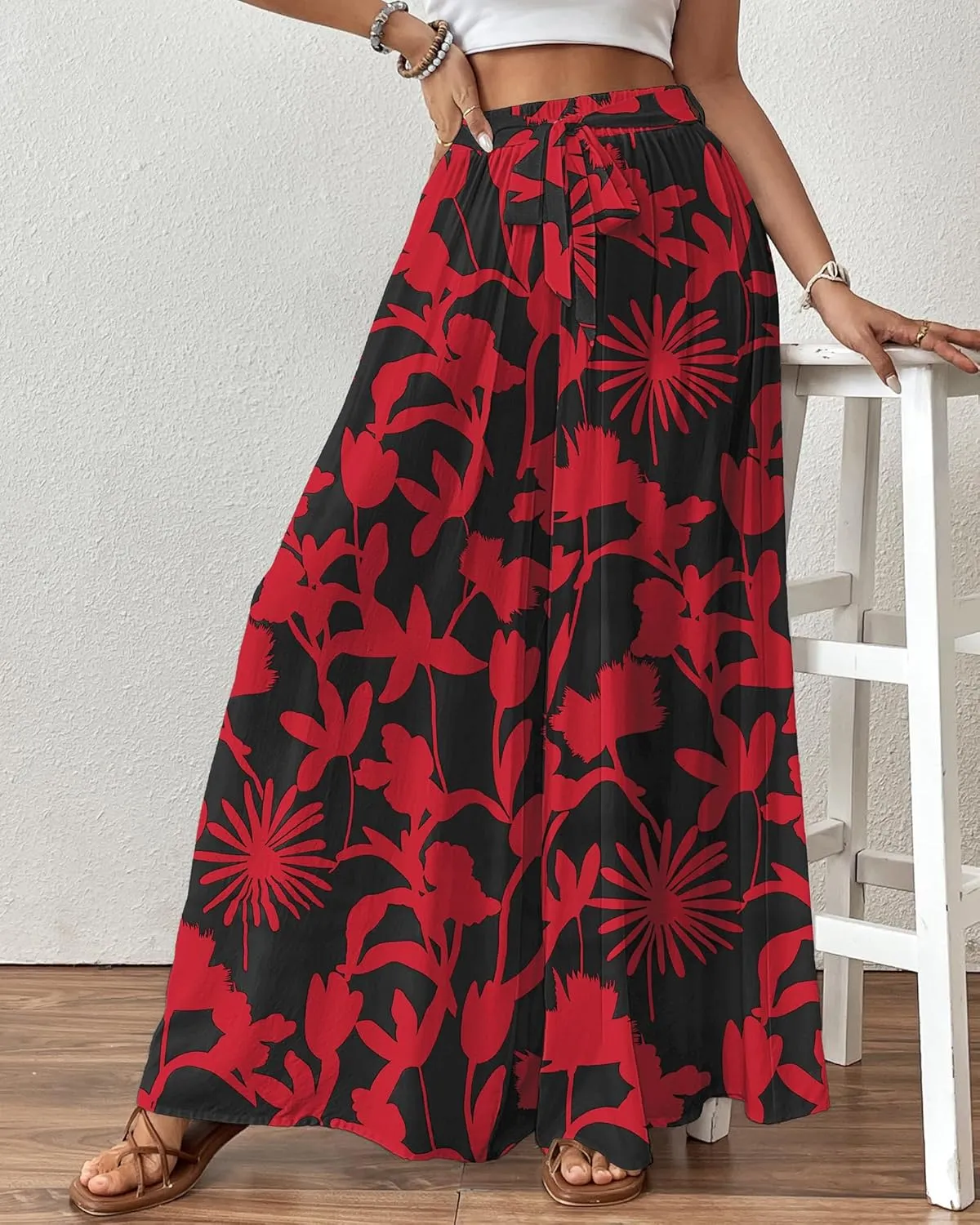 Bsubseach Wide Leg Pants Woman Flowy Floral Palazzo Pants for Women High Waisted Summer Casual Trousers Cruise Outfits