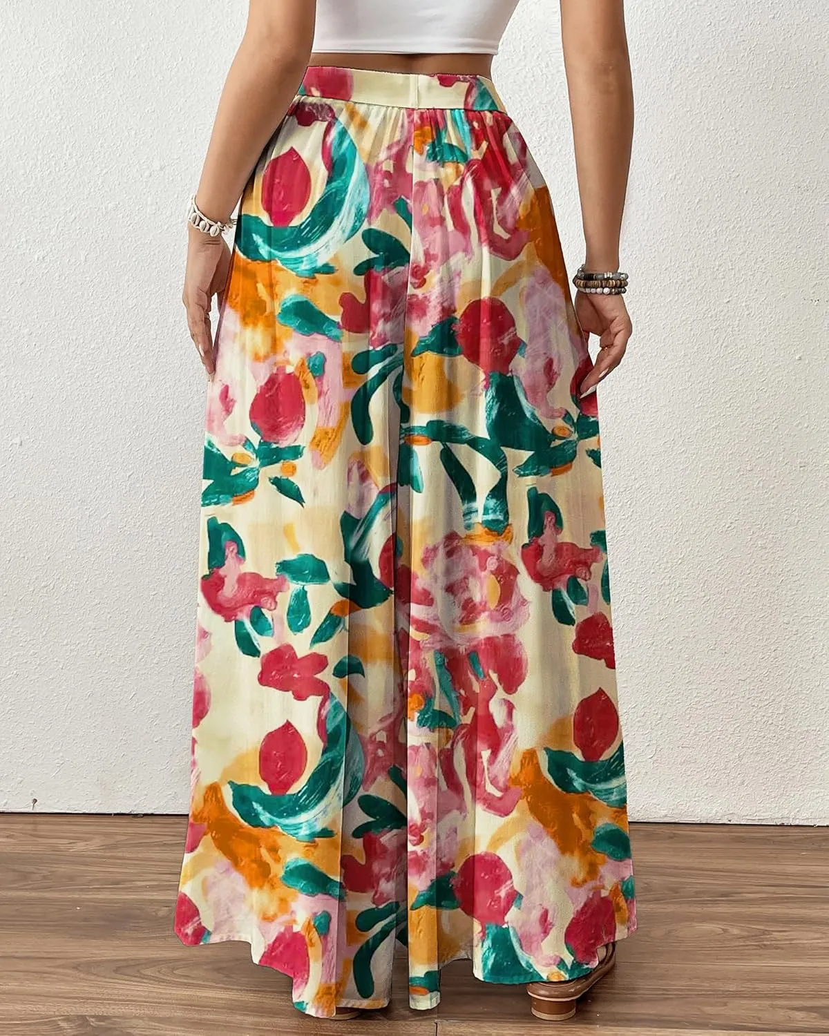 Bsubseach Wide Leg Pants Woman Flowy Floral Palazzo Pants for Women High Waisted Summer Casual Trousers Cruise Outfits