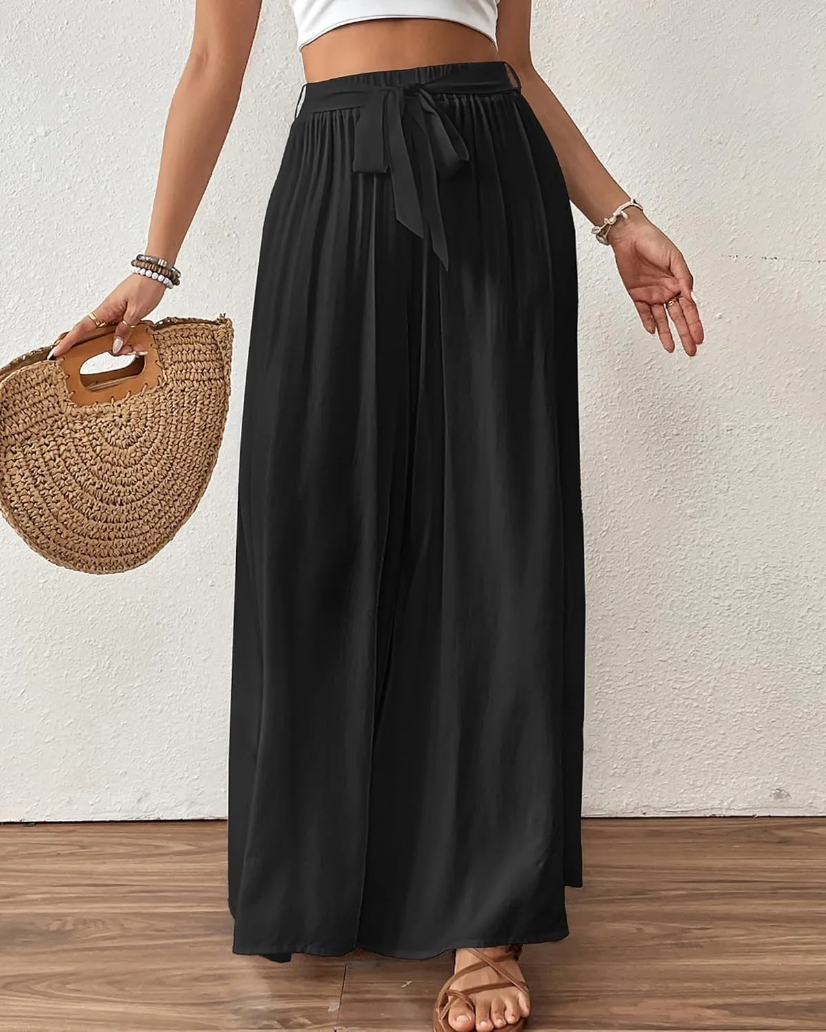 Bsubseach Wide Leg Pants Woman Flowy Floral Palazzo Pants for Women High Waisted Summer Casual Trousers Cruise Outfits