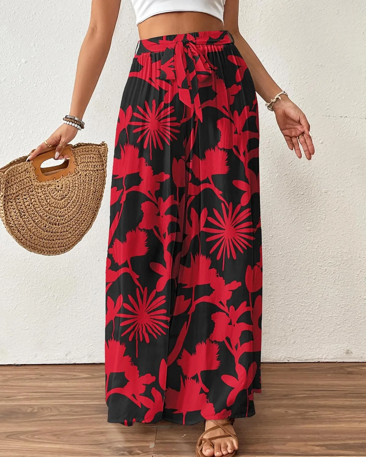 Bsubseach Wide Leg Pants Woman Flowy Floral Palazzo Pants for Women High Waisted Summer Casual Trousers Cruise Outfits