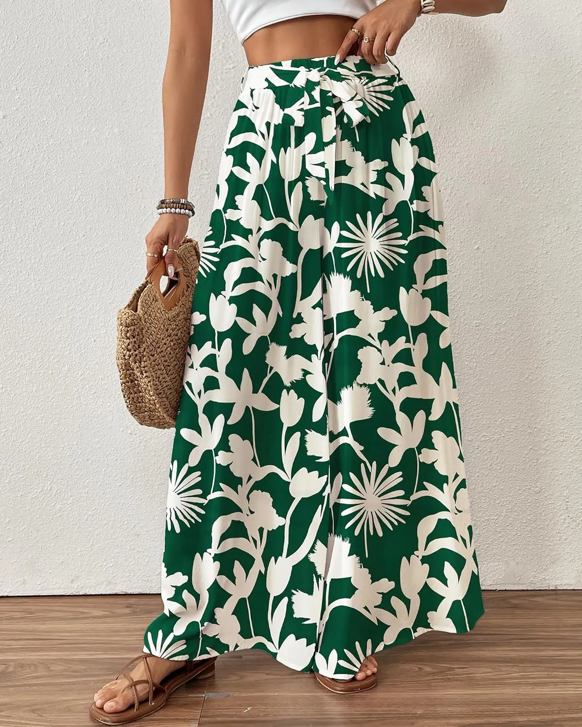Bsubseach Wide Leg Pants Woman Flowy Floral Palazzo Pants for Women High Waisted Summer Casual Trousers Cruise Outfits