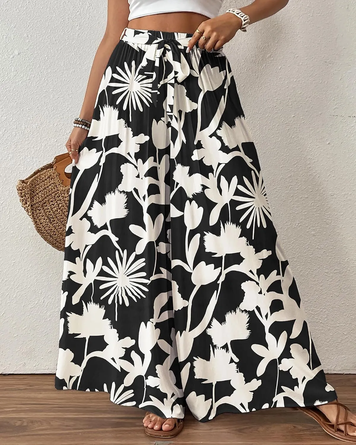 Bsubseach Wide Leg Pants Woman Flowy Floral Palazzo Pants for Women High Waisted Summer Casual Trousers Cruise Outfits