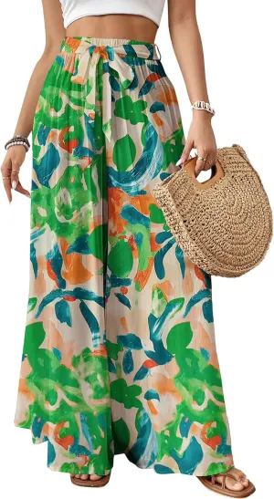 Bsubseach Wide Leg Pants Woman Flowy Floral Palazzo Pants for Women High Waisted Summer Casual Trousers Cruise Outfits