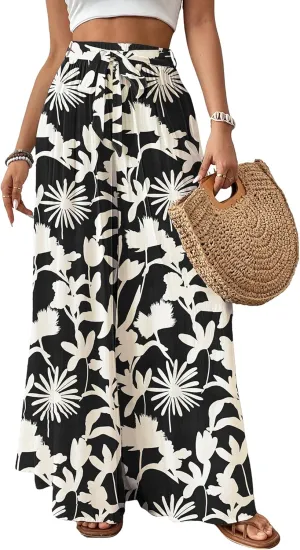 Bsubseach Wide Leg Pants Woman Flowy Floral Palazzo Pants for Women High Waisted Summer Casual Trousers Cruise Outfits