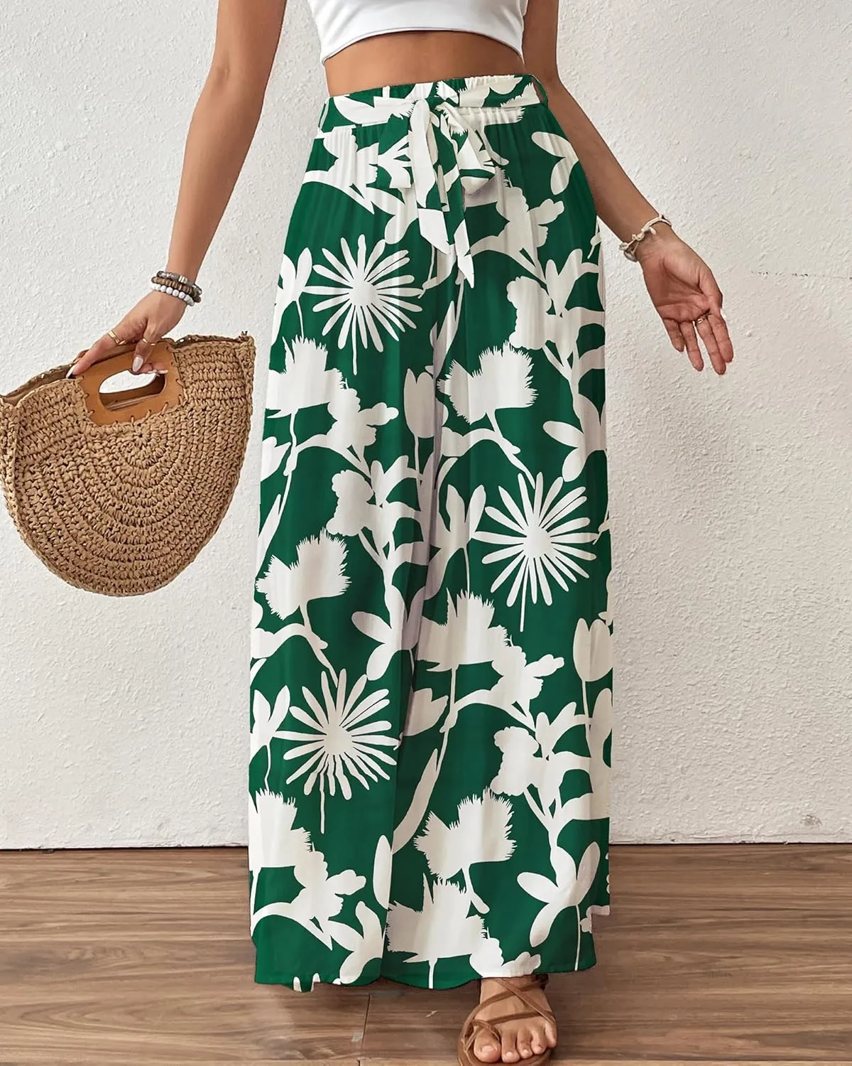 Bsubseach Wide Leg Pants Woman Flowy Floral Palazzo Pants for Women High Waisted Summer Casual Trousers Cruise Outfits