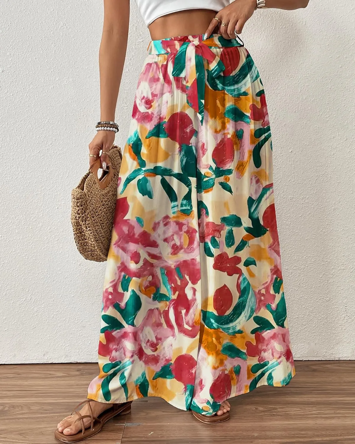 Bsubseach Wide Leg Pants Woman Flowy Floral Palazzo Pants for Women High Waisted Summer Casual Trousers Cruise Outfits
