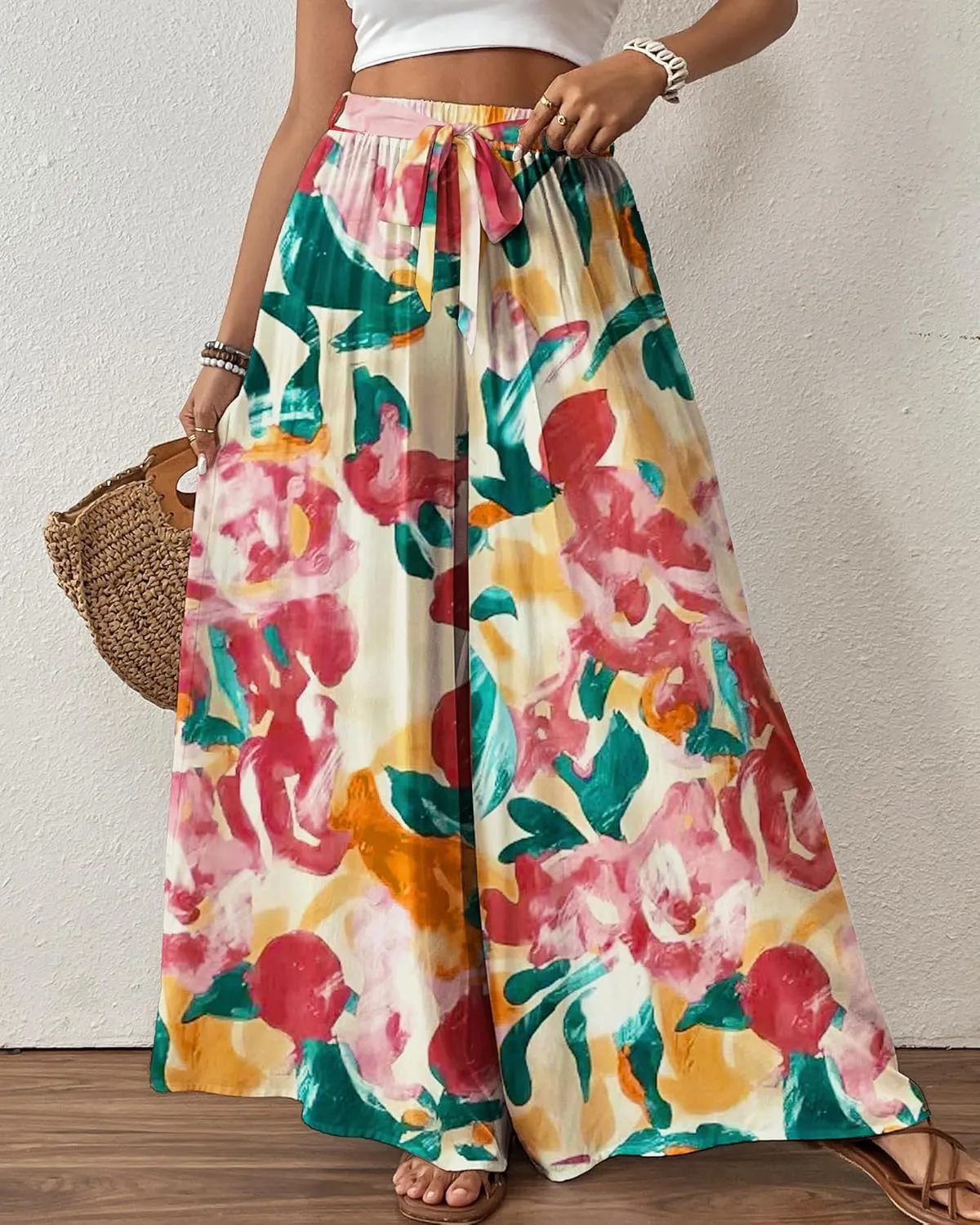Bsubseach Wide Leg Pants Woman Flowy Floral Palazzo Pants for Women High Waisted Summer Casual Trousers Cruise Outfits