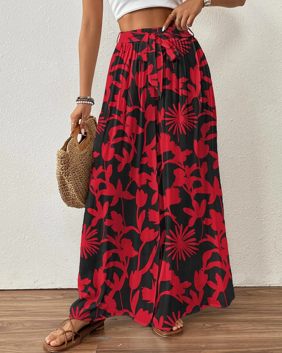 Bsubseach Wide Leg Pants Woman Flowy Floral Palazzo Pants for Women High Waisted Summer Casual Trousers Cruise Outfits