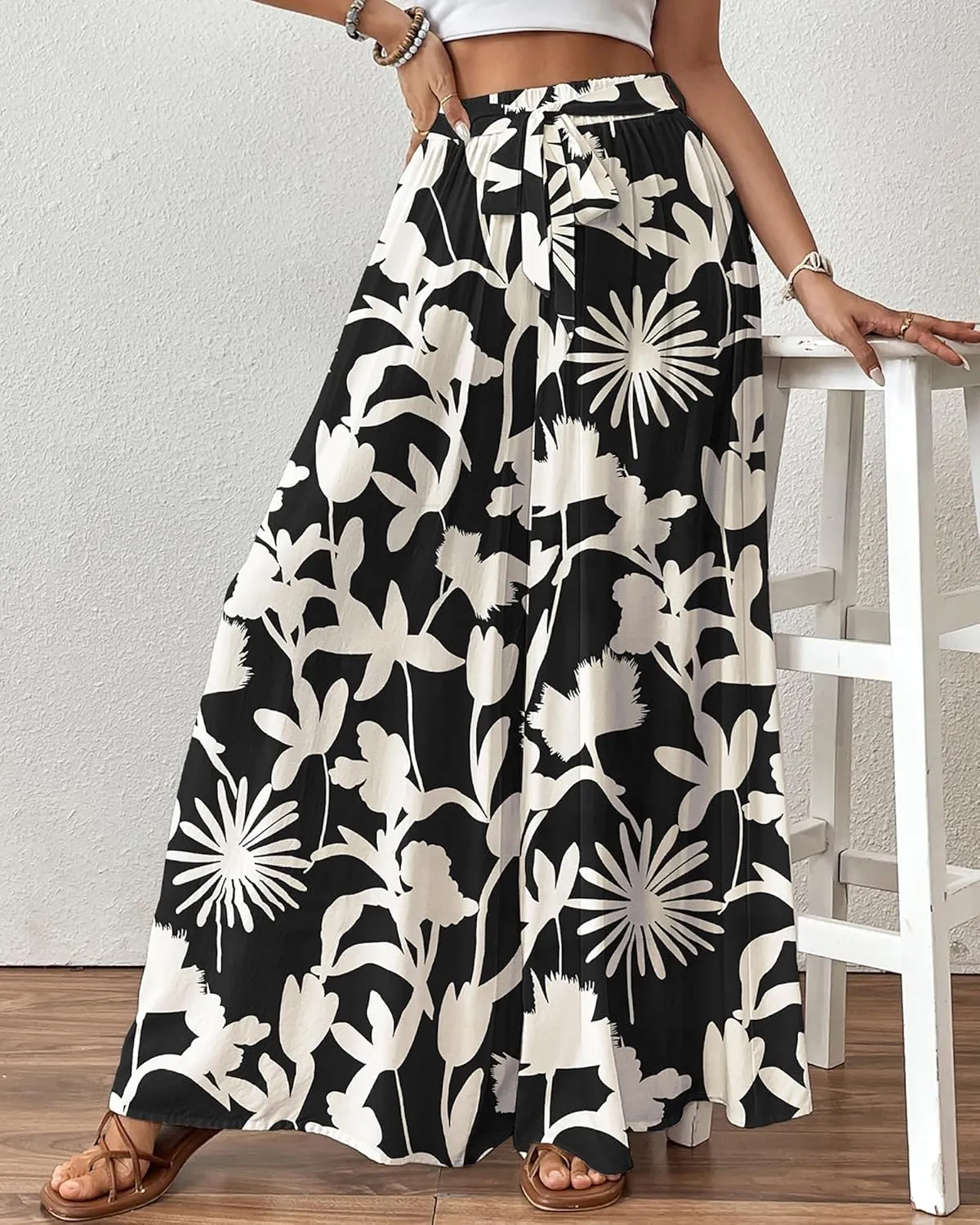 Bsubseach Wide Leg Pants Woman Flowy Floral Palazzo Pants for Women High Waisted Summer Casual Trousers Cruise Outfits