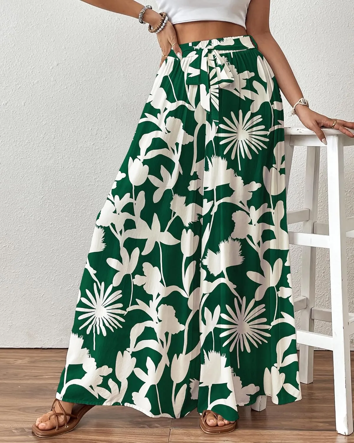 Bsubseach Wide Leg Pants Woman Flowy Floral Palazzo Pants for Women High Waisted Summer Casual Trousers Cruise Outfits