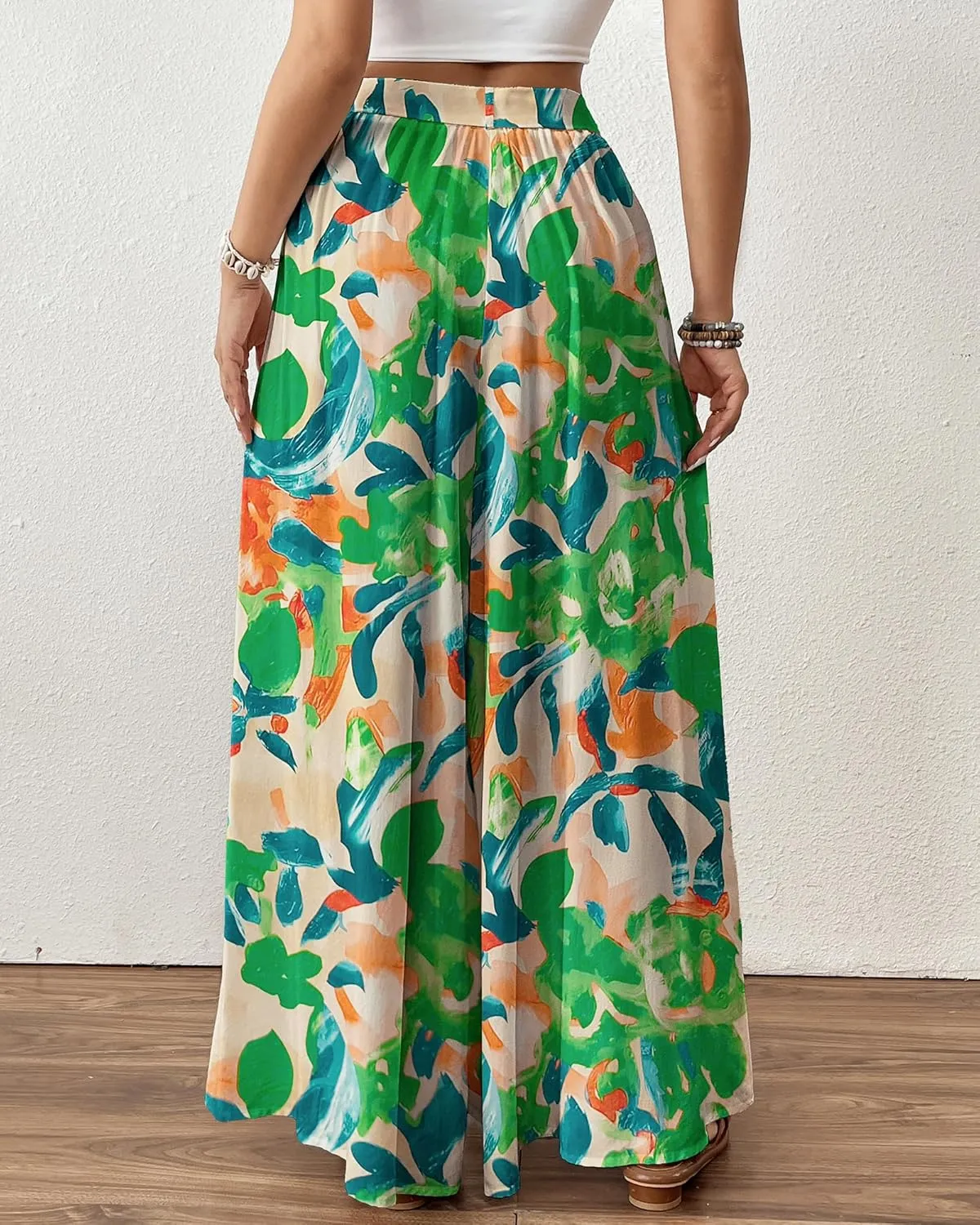Bsubseach Wide Leg Pants Woman Flowy Floral Palazzo Pants for Women High Waisted Summer Casual Trousers Cruise Outfits