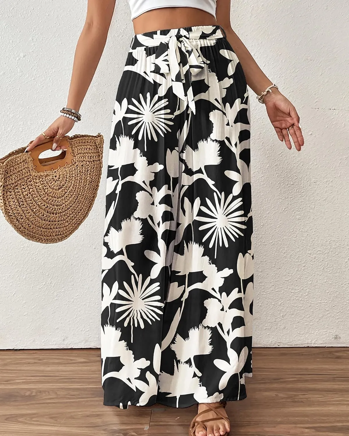 Bsubseach Wide Leg Pants Woman Flowy Floral Palazzo Pants for Women High Waisted Summer Casual Trousers Cruise Outfits