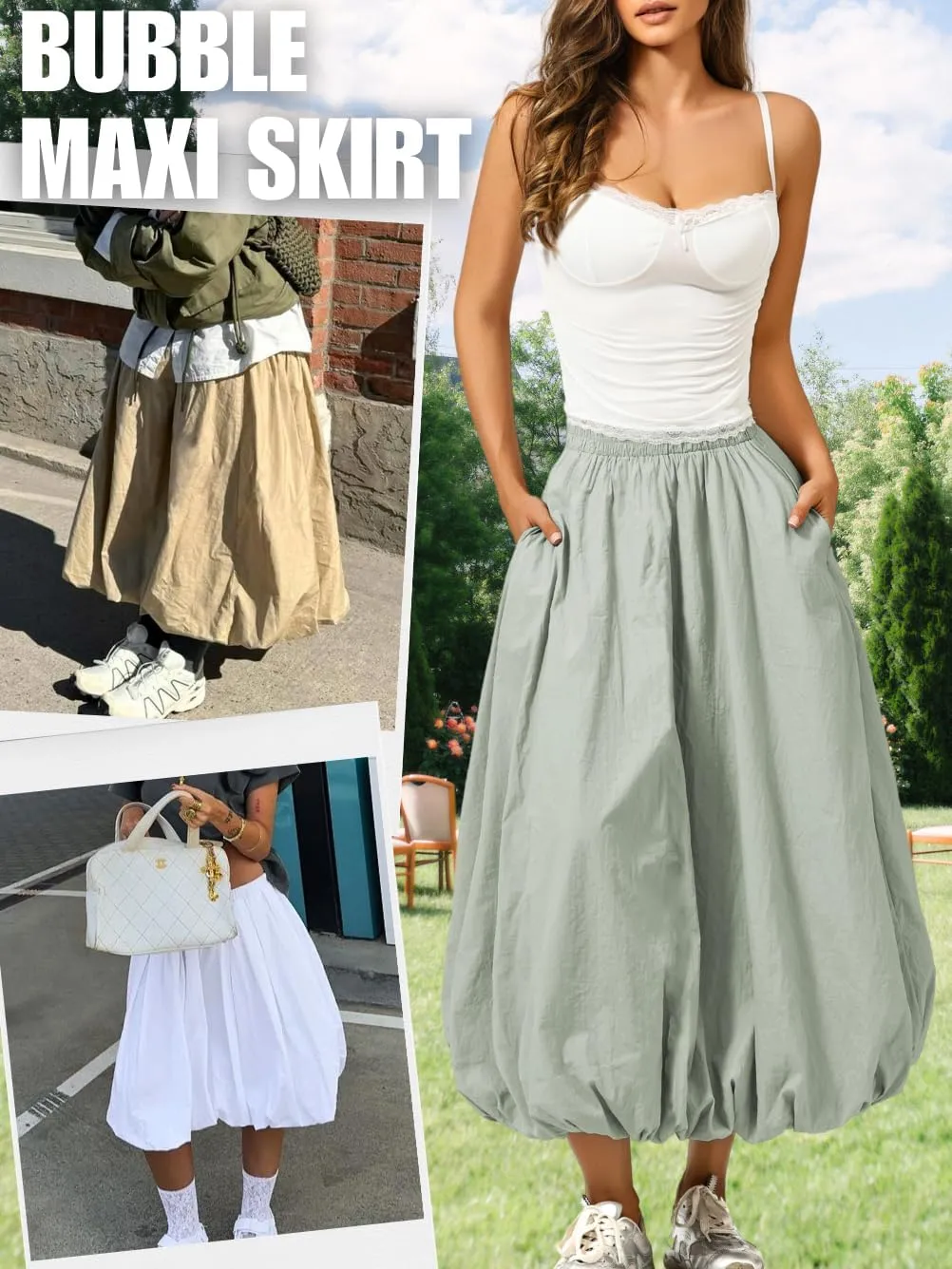 Bubble Midi Skirt with Pockets, Puffy Hem Maxi Long Skirts for Women, Balloon Going Out Concert Outfits