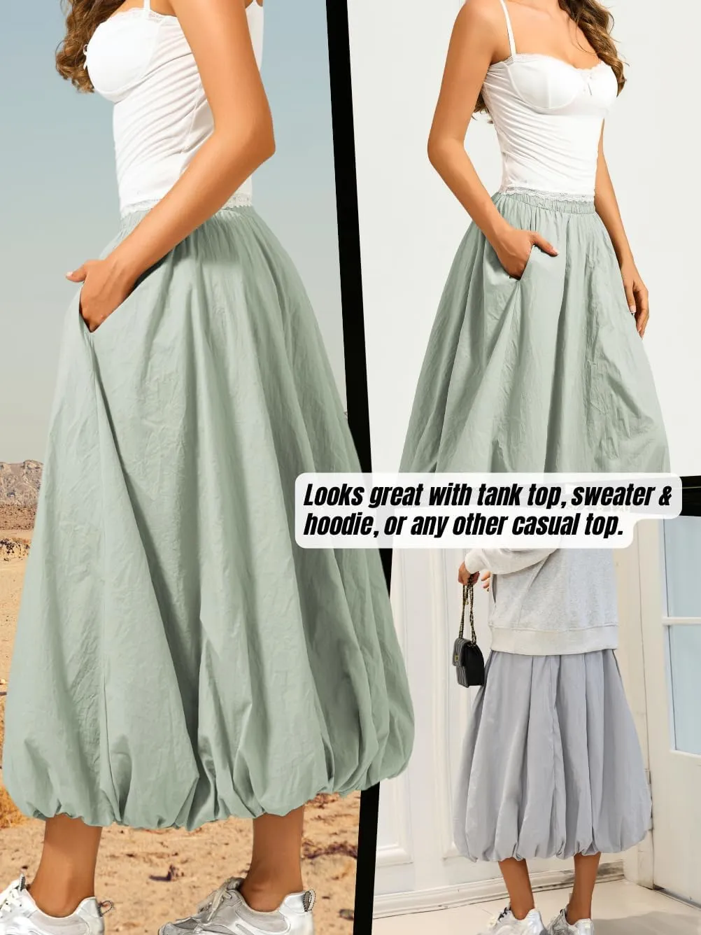 Bubble Midi Skirt with Pockets, Puffy Hem Maxi Long Skirts for Women, Balloon Going Out Concert Outfits
