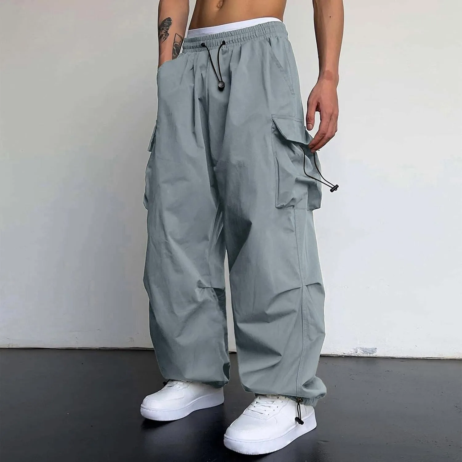 Cargo Pant for Men Lightweight Casual Joggers Drawstring Elastic Waist Work Pants Multi Pockets