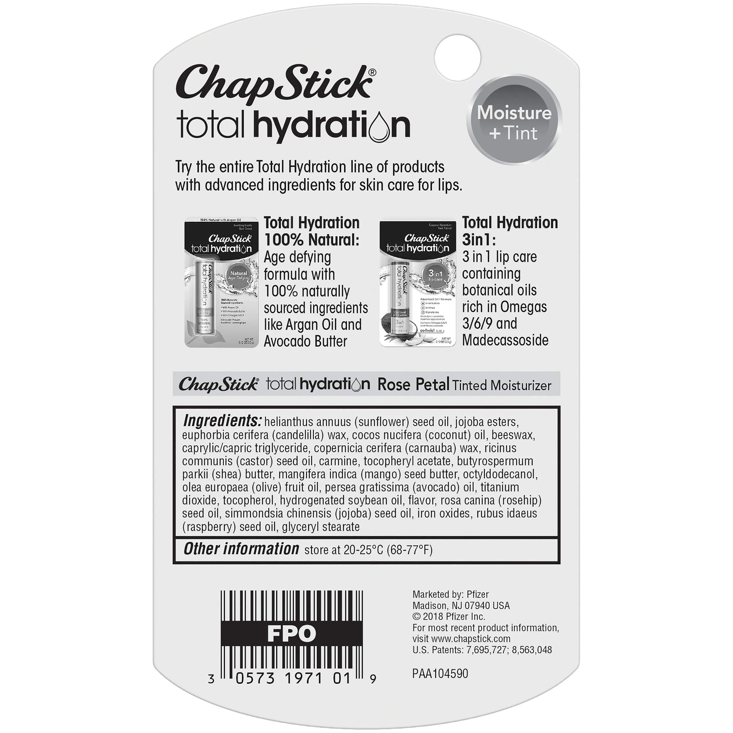 ChapStick Total Hydration Moisture   Tint Rose Petal Tinted Lip Balm Tube, Tinted Moisturizer - 0.12 Oz