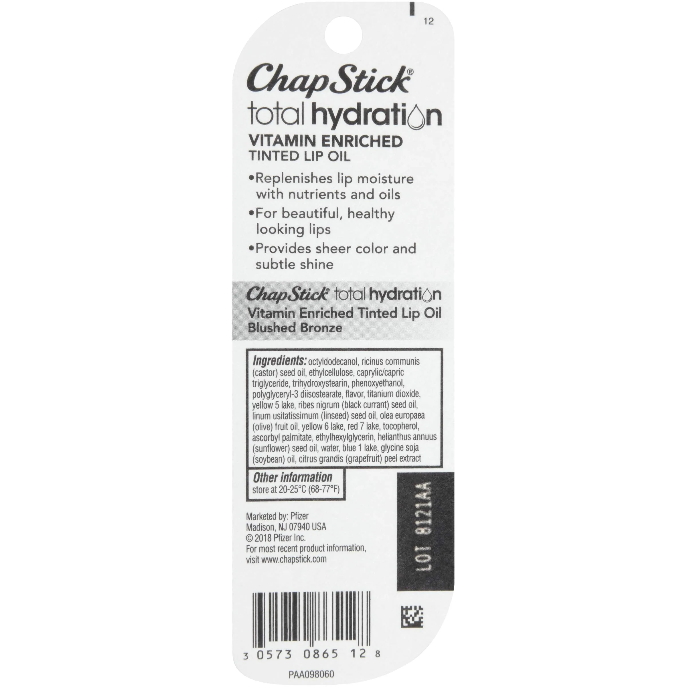 ChapStick Total Hydration Vitamin Enriched Tinted Lip Oil (Blushed Bronze, 1 Tube), Vitamin C, Vitamin E, Contains Omega 3 6 9, 0.24 Ounce