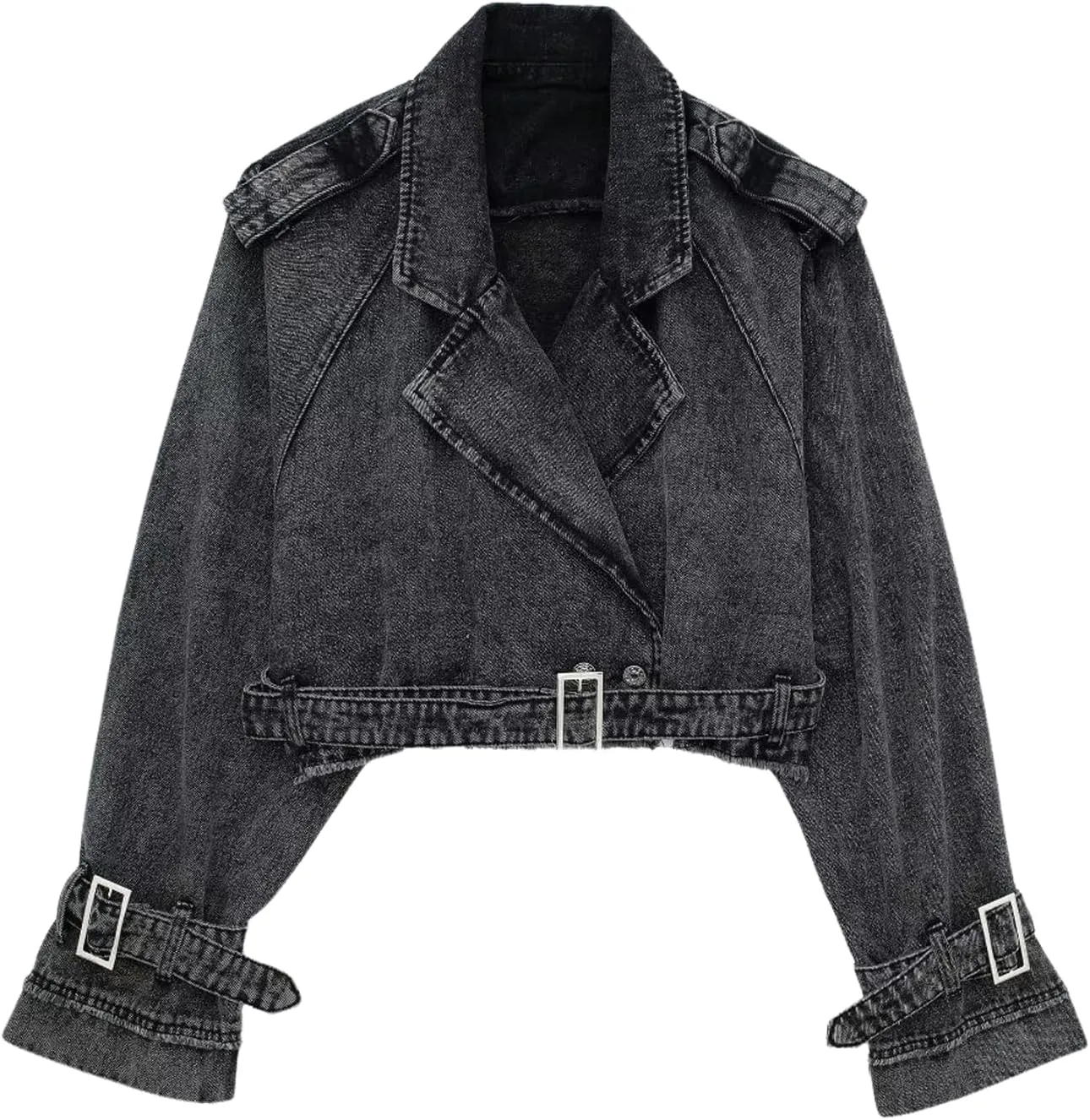 CHARTOU Women Jean Trench Coat Crop Double Breasted Lapel Denim Jacket Fall Long Sleeve Outerwear with Belt