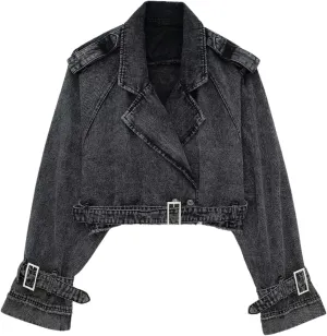 CHARTOU Women Jean Trench Coat Crop Double Breasted Lapel Denim Jacket Fall Long Sleeve Outerwear with Belt