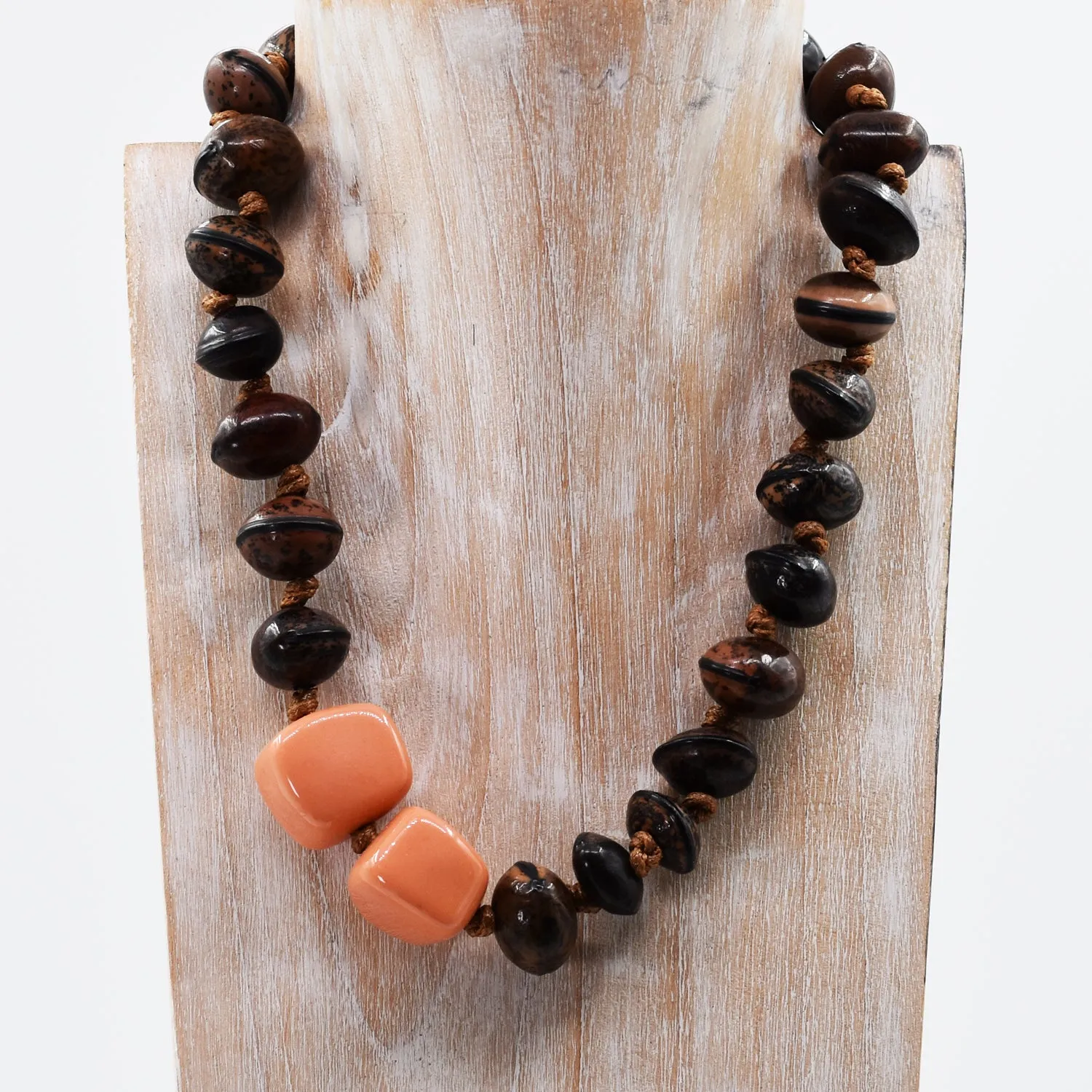 Chunky knotted seed bead necklace with 2 blush resin feature