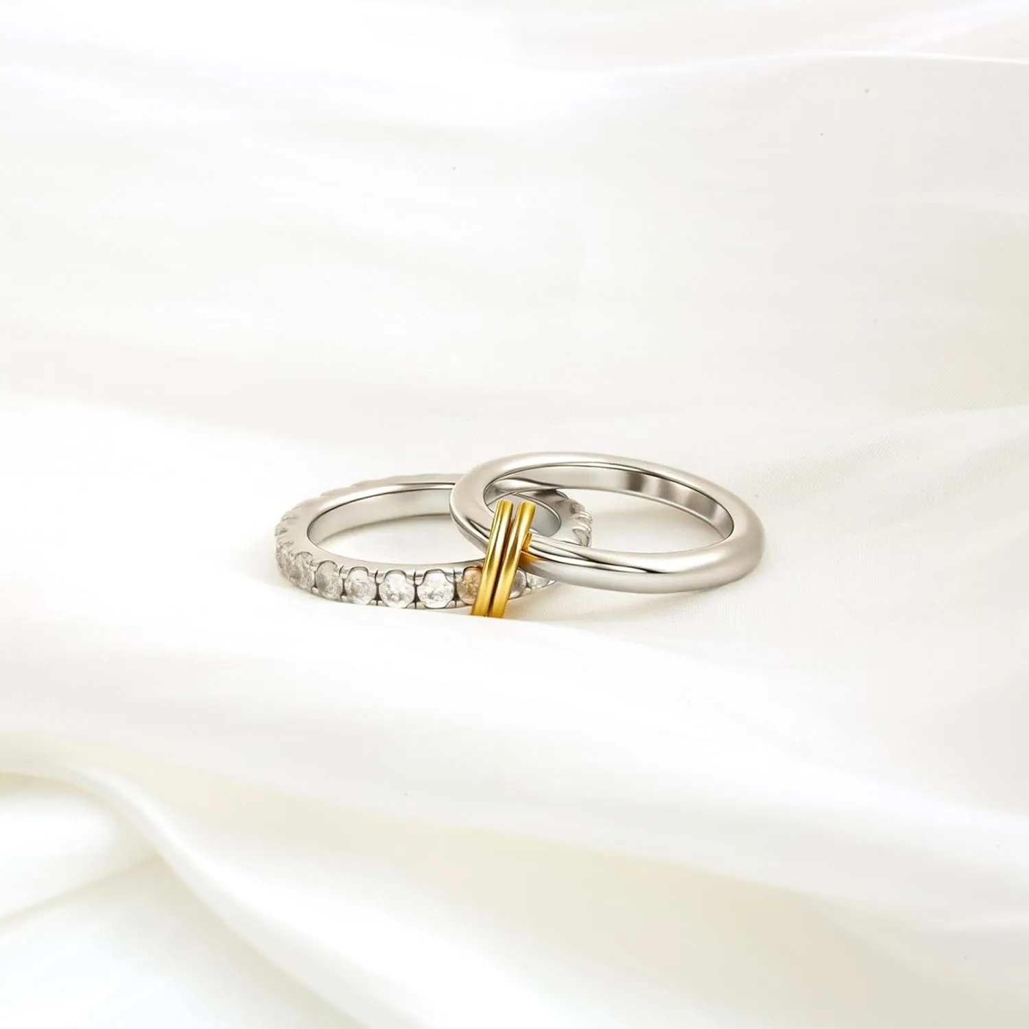 Chunky Stackable Cubic Zirconia Rings Set Non Tarnish, Silver Rings Set for Women, 18K White Gold Plated Multi-Link Connected Rings