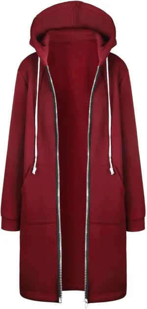 Color Block Zip Up Cardigan Coats with Drawstring Long Sleeve Pocket Long Coat Outwear Outdoor Plus Size Warm Jacket