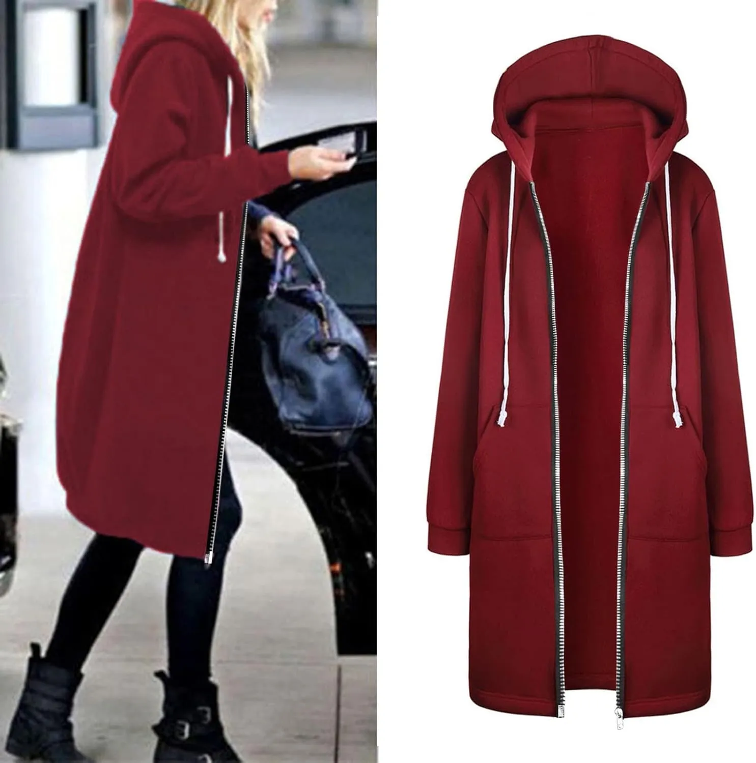 Color Block Zip Up Cardigan Coats with Drawstring Long Sleeve Pocket Long Coat Outwear Outdoor Plus Size Warm Jacket
