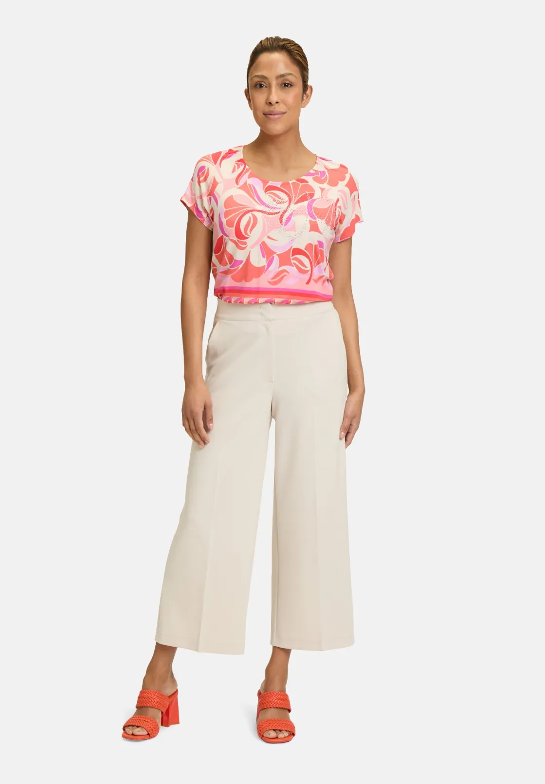 Coral and Pink Floral T-Shirt with Diamonds and Elasticated Waist