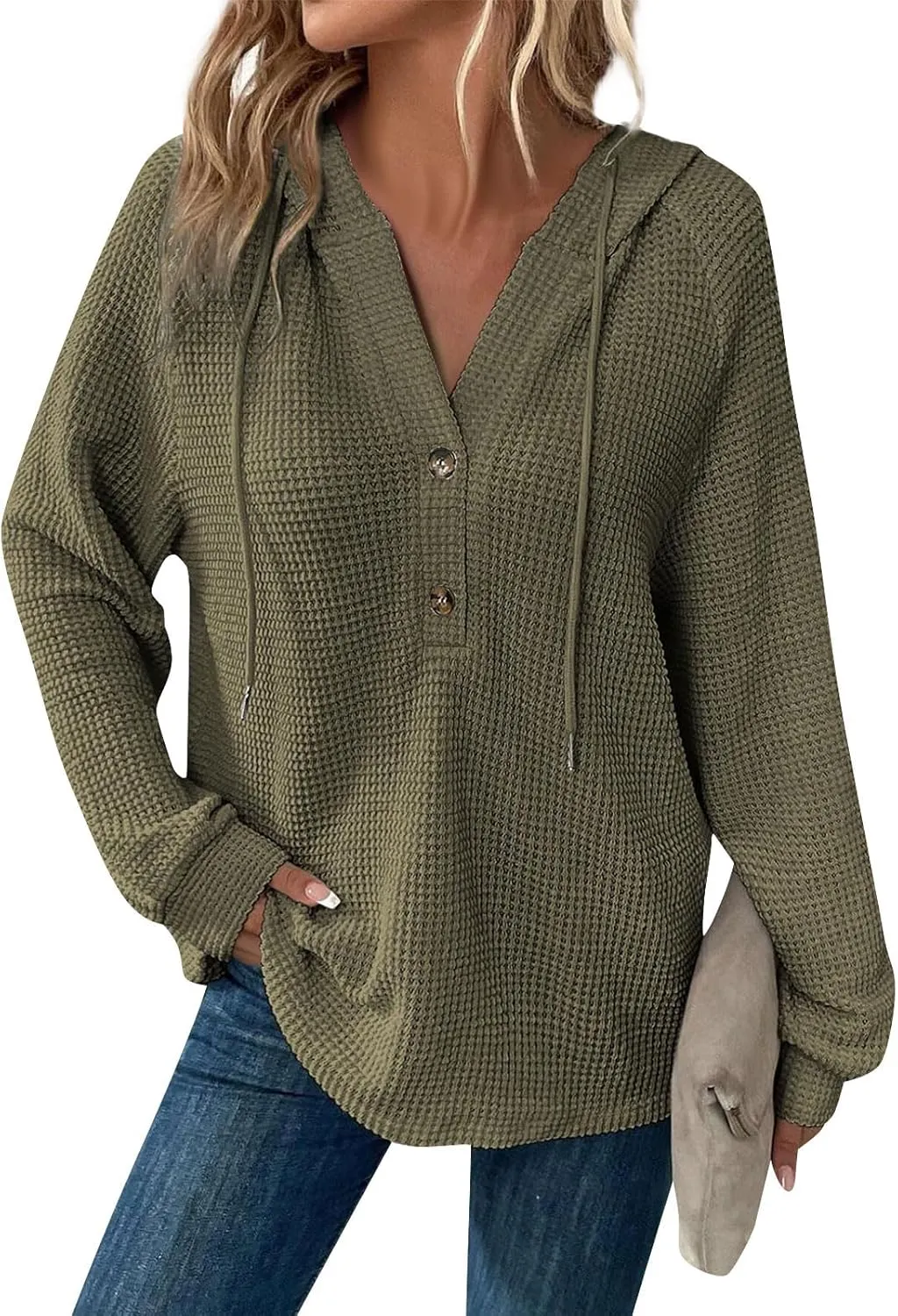COTECRAM Hoodies for Women Waffle Knit Drawstring Button V Neck Long Sleeve Casual Pullover Sweatshirt Fashion Hooded Tops