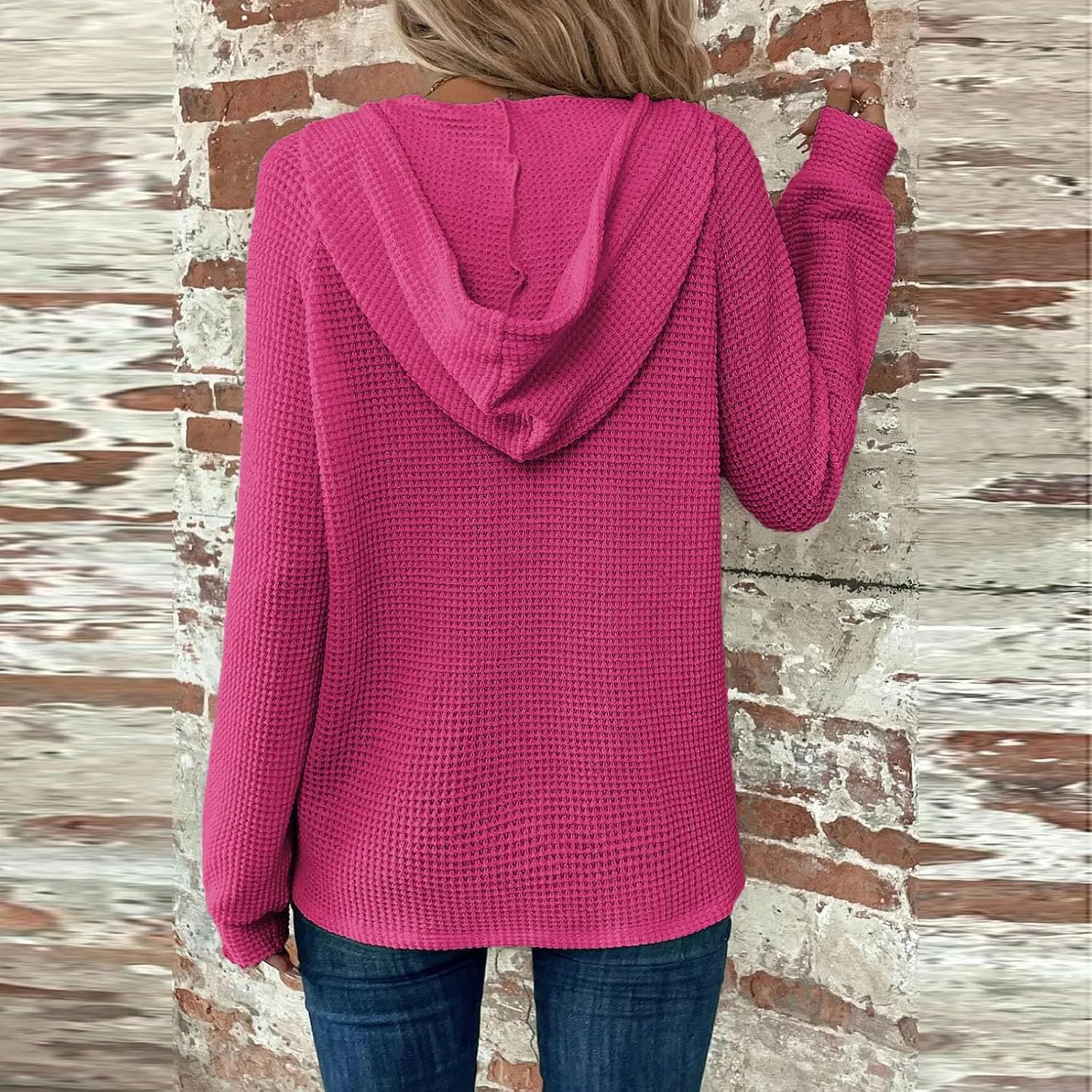 COTECRAM Hoodies for Women Waffle Knit Drawstring Button V Neck Long Sleeve Casual Pullover Sweatshirt Fashion Hooded Tops