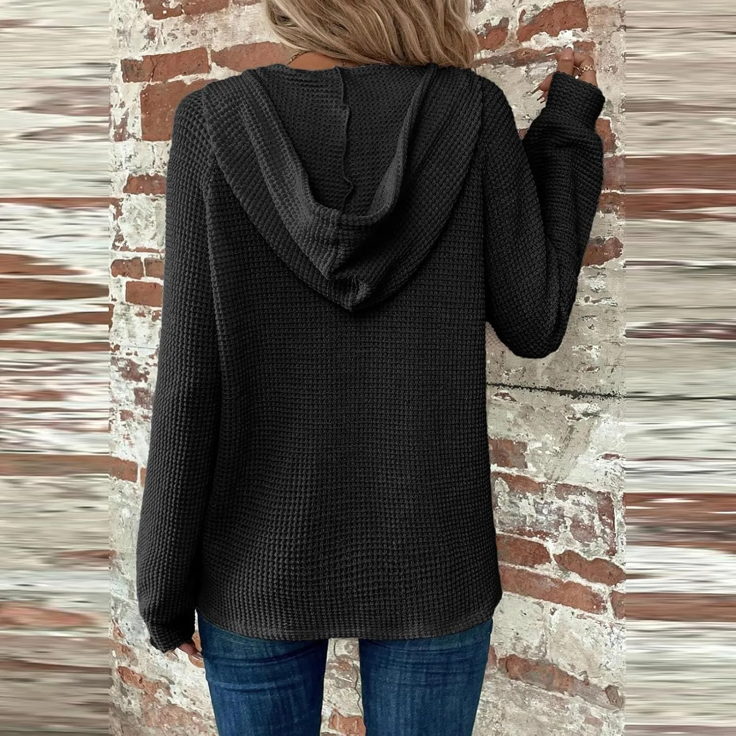 COTECRAM Hoodies for Women Waffle Knit Drawstring Button V Neck Long Sleeve Casual Pullover Sweatshirt Fashion Hooded Tops