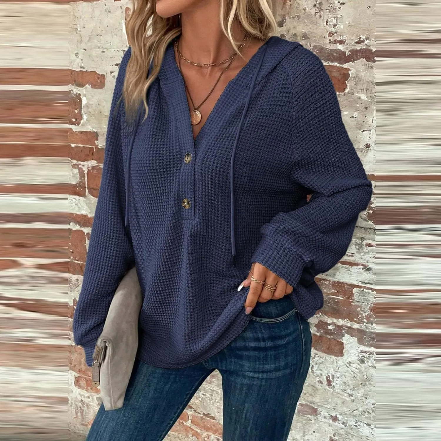 COTECRAM Hoodies for Women Waffle Knit Drawstring Button V Neck Long Sleeve Casual Pullover Sweatshirt Fashion Hooded Tops