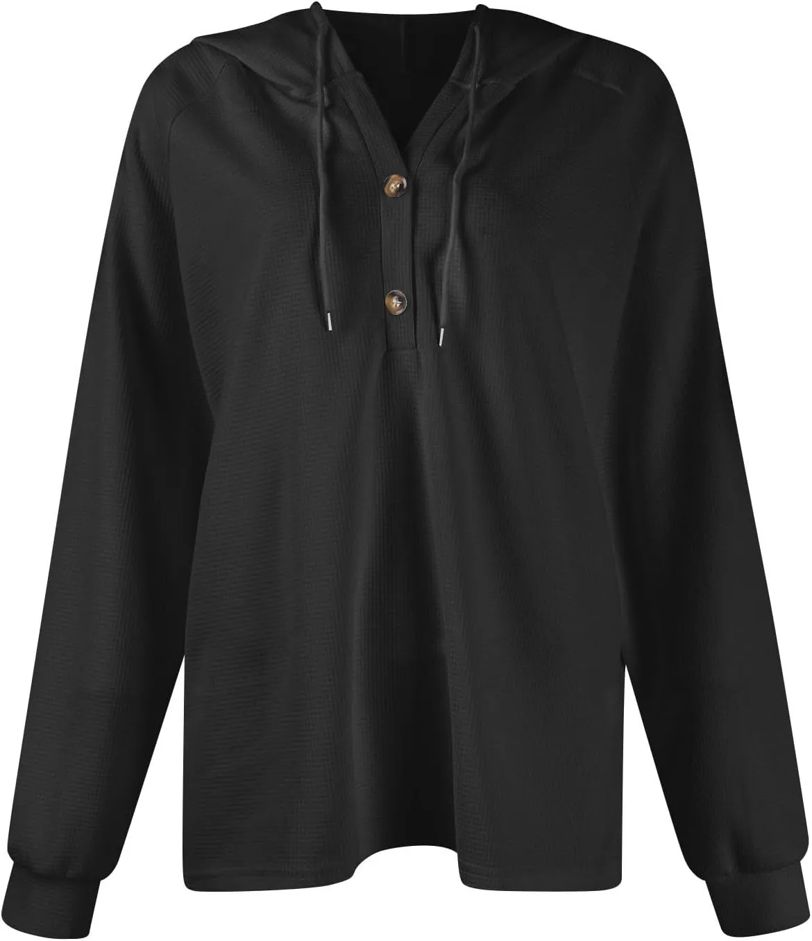 COTECRAM Hoodies for Women Waffle Knit Drawstring Button V Neck Long Sleeve Casual Pullover Sweatshirt Fashion Hooded Tops