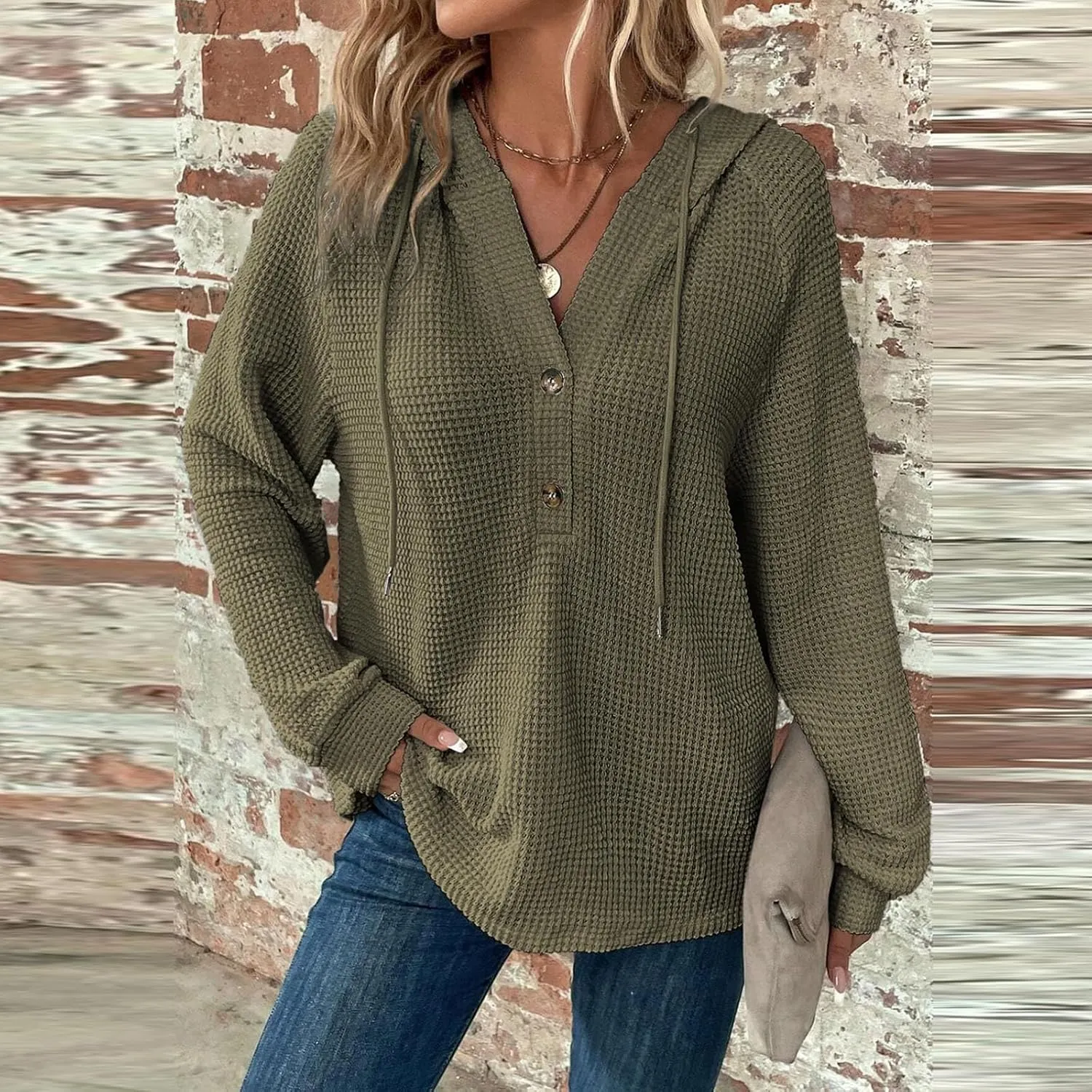 COTECRAM Hoodies for Women Waffle Knit Drawstring Button V Neck Long Sleeve Casual Pullover Sweatshirt Fashion Hooded Tops