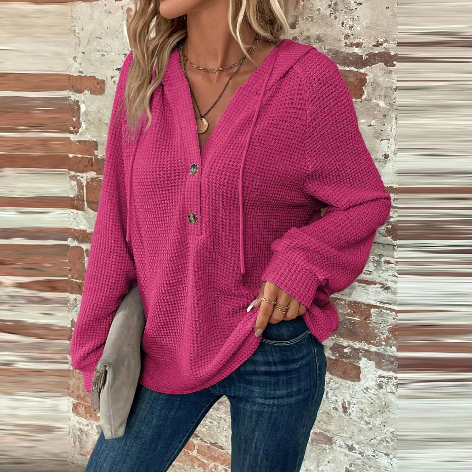 COTECRAM Hoodies for Women Waffle Knit Drawstring Button V Neck Long Sleeve Casual Pullover Sweatshirt Fashion Hooded Tops