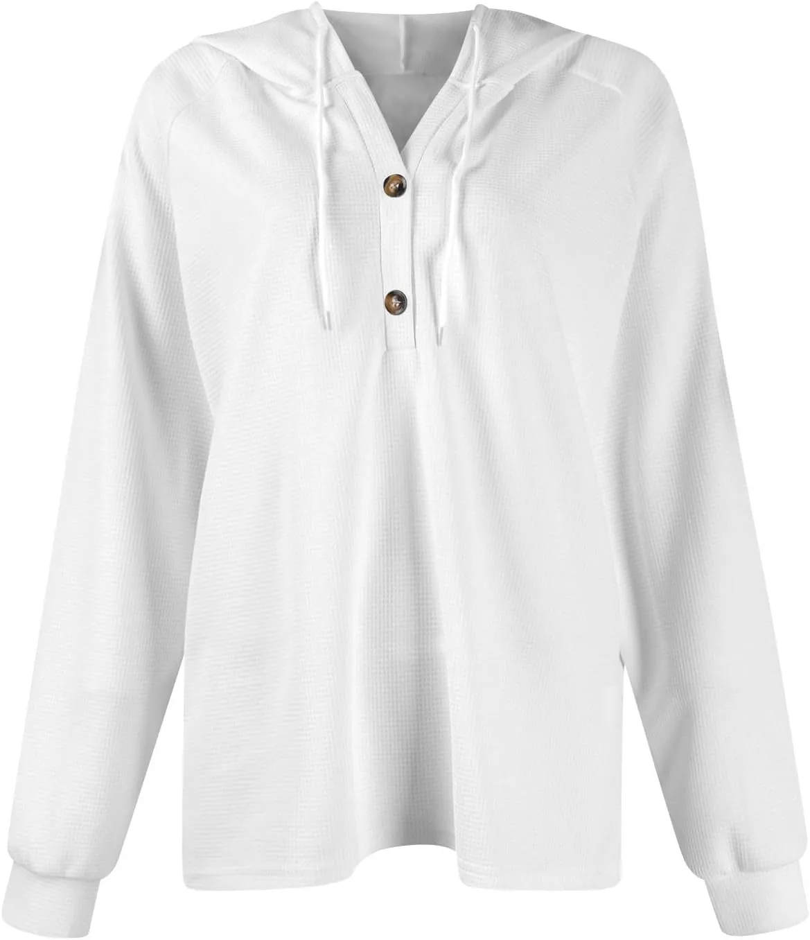 COTECRAM Hoodies for Women Waffle Knit Drawstring Button V Neck Long Sleeve Casual Pullover Sweatshirt Fashion Hooded Tops
