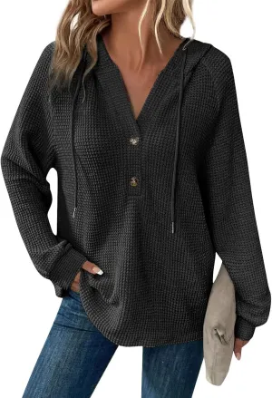 COTECRAM Hoodies for Women Waffle Knit Drawstring Button V Neck Long Sleeve Casual Pullover Sweatshirt Fashion Hooded Tops