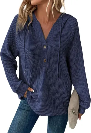COTECRAM Hoodies for Women Waffle Knit Drawstring Button V Neck Long Sleeve Casual Pullover Sweatshirt Fashion Hooded Tops