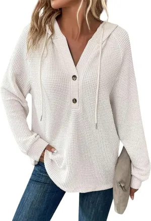 COTECRAM Hoodies for Women Waffle Knit Drawstring Button V Neck Long Sleeve Casual Pullover Sweatshirt Fashion Hooded Tops