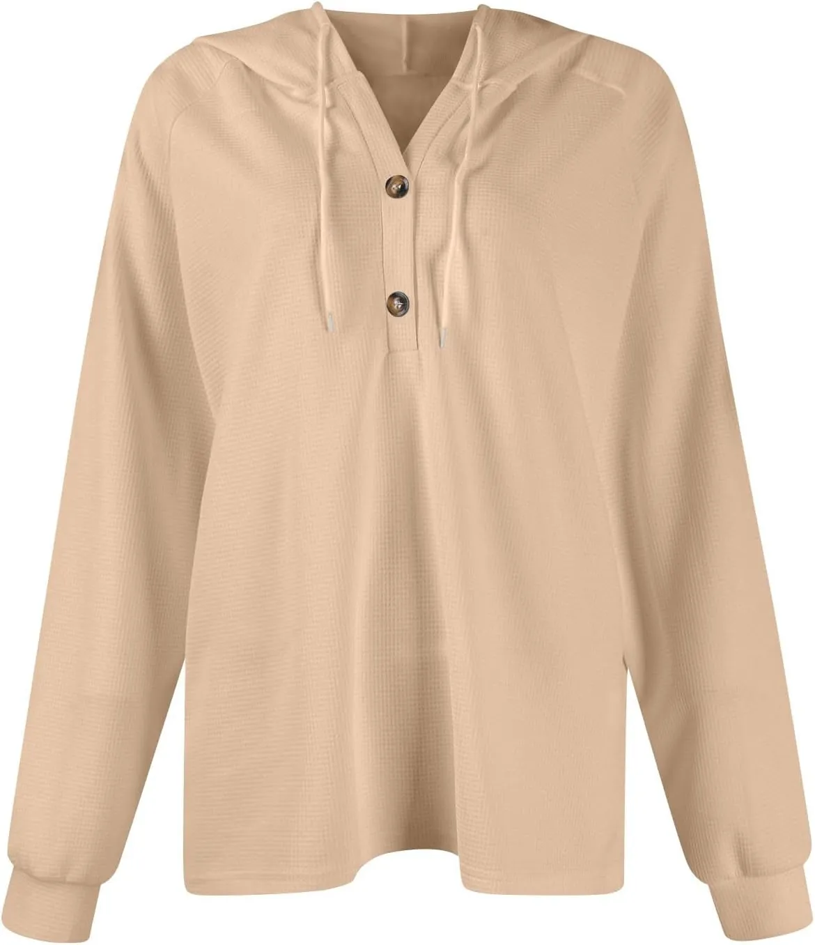 COTECRAM Hoodies for Women Waffle Knit Drawstring Button V Neck Long Sleeve Casual Pullover Sweatshirt Fashion Hooded Tops