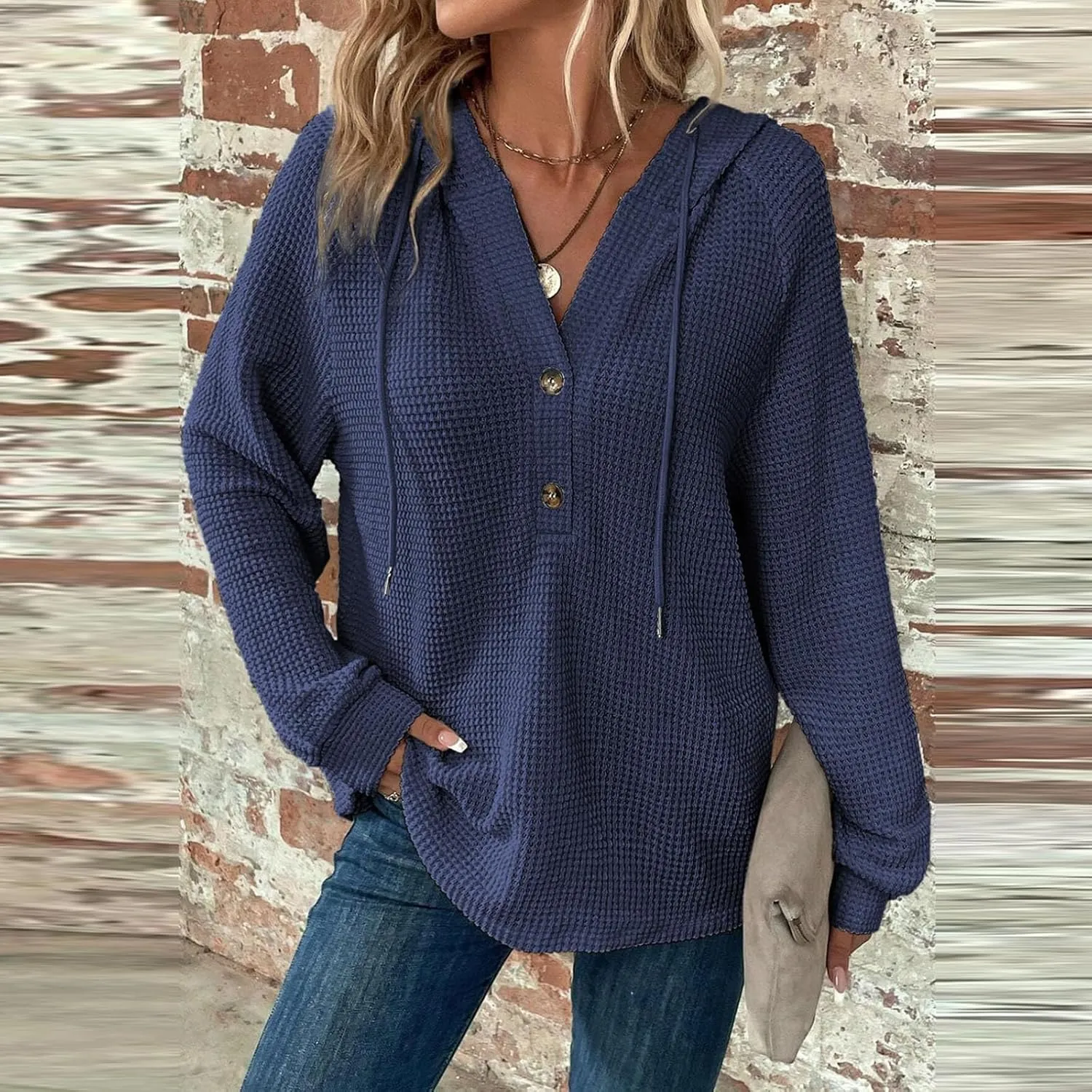 COTECRAM Hoodies for Women Waffle Knit Drawstring Button V Neck Long Sleeve Casual Pullover Sweatshirt Fashion Hooded Tops
