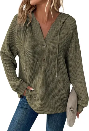 COTECRAM Hoodies for Women Waffle Knit Drawstring Button V Neck Long Sleeve Casual Pullover Sweatshirt Fashion Hooded Tops