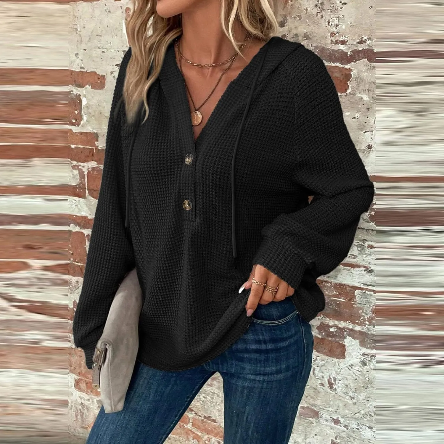 COTECRAM Hoodies for Women Waffle Knit Drawstring Button V Neck Long Sleeve Casual Pullover Sweatshirt Fashion Hooded Tops